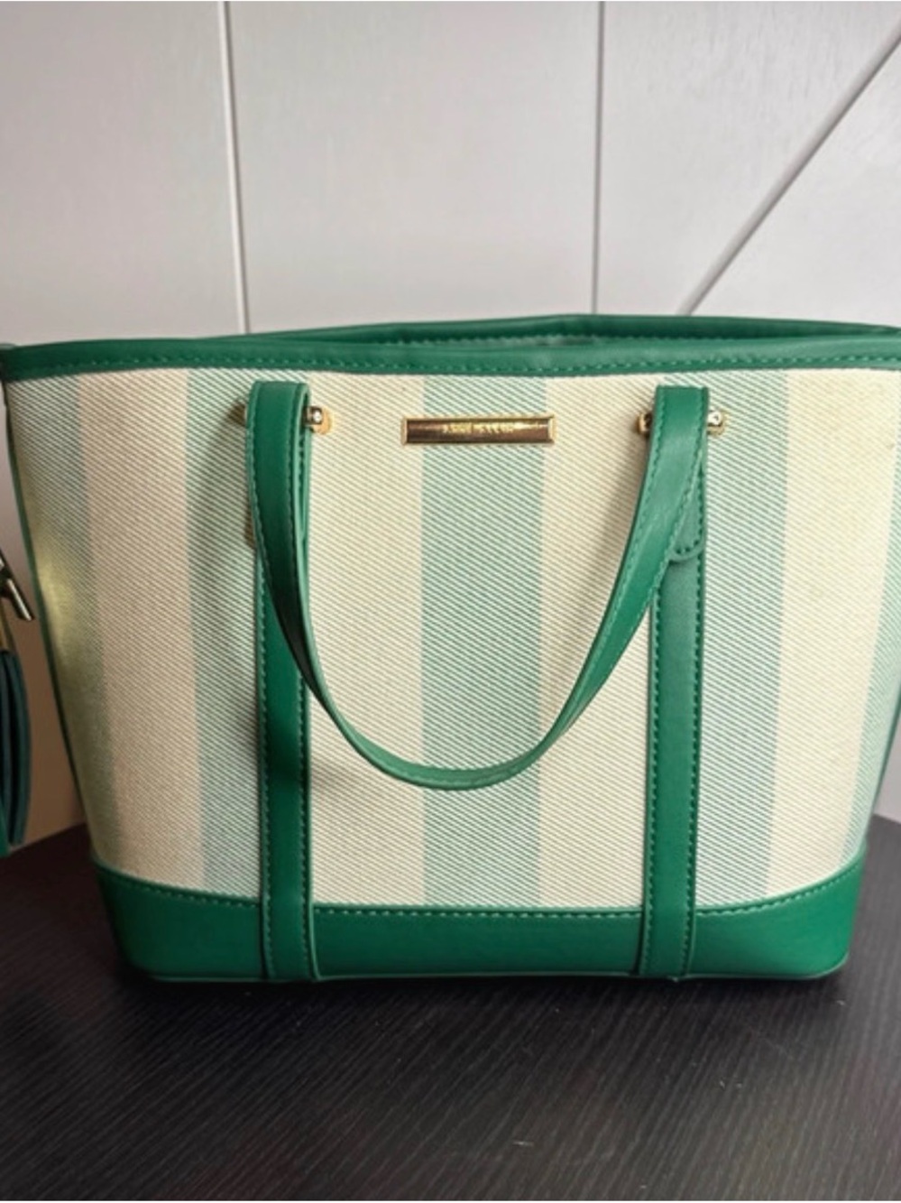 Anne Klein Green and Cream Striped Tote